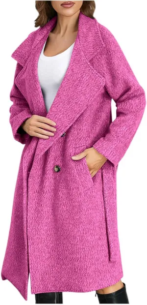 Winter Coats for Women Notched Lapel Collar Double Breasted Pea Coat Winter Wool Blend Long Trench Coat Warm Peacoat