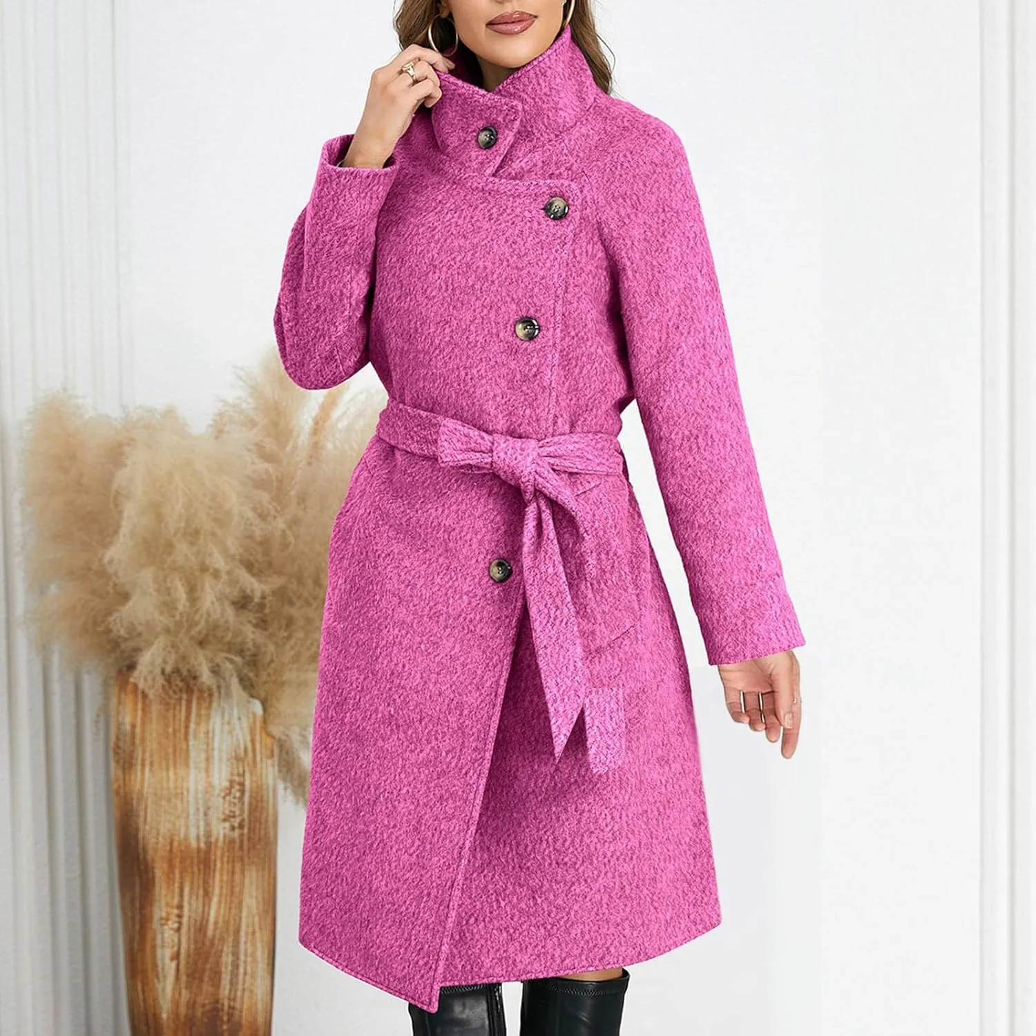 Winter Coats for Women Notched Lapel Collar Double Breasted Pea Coat Winter Wool Blend Long Trench Coat Warm Peacoat