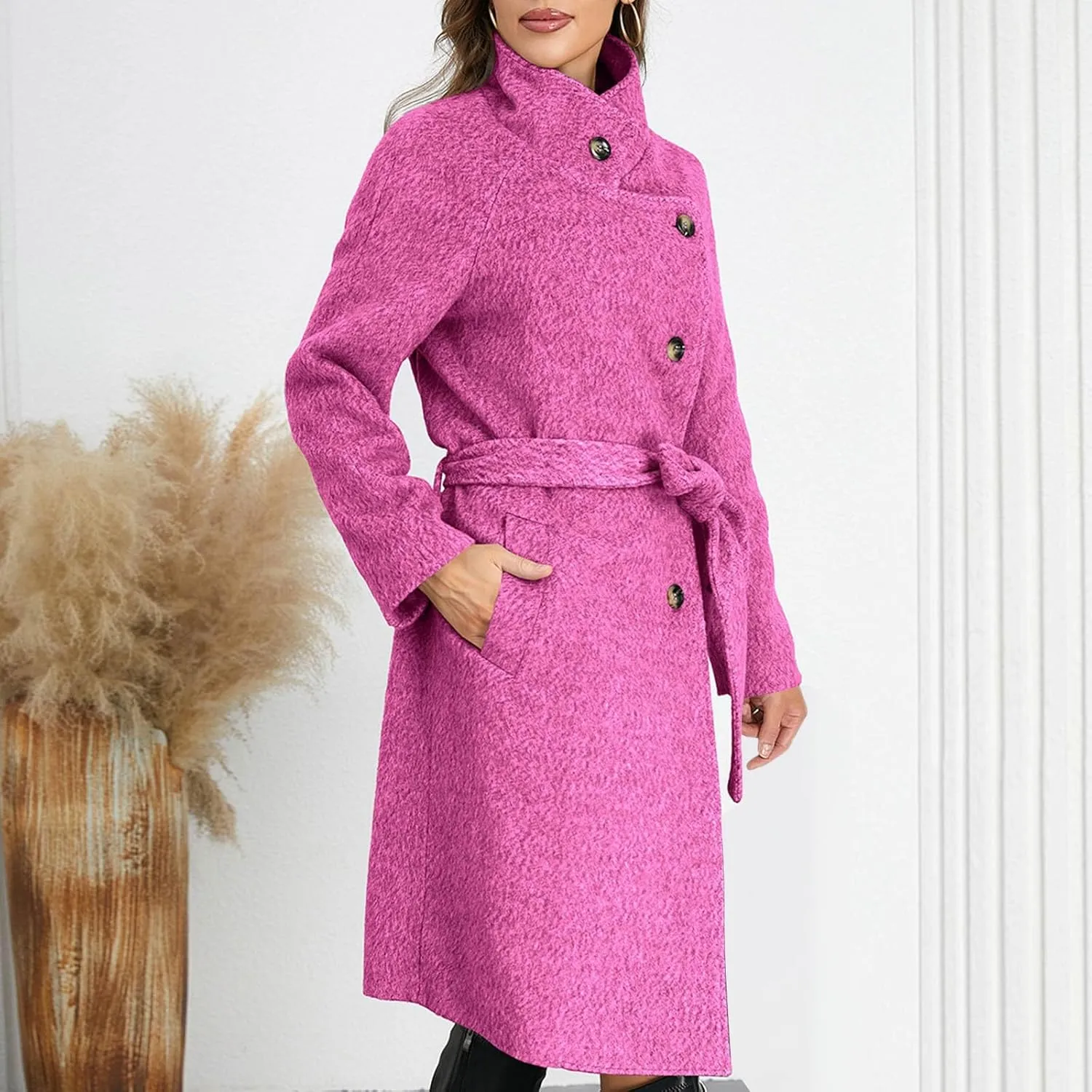 Winter Coats for Women Notched Lapel Collar Double Breasted Pea Coat Winter Wool Blend Long Trench Coat Warm Peacoat