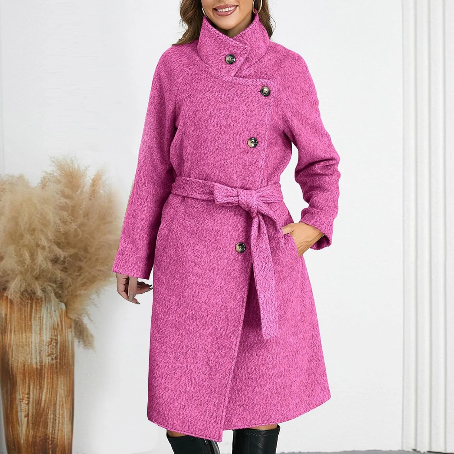Winter Coats for Women Notched Lapel Collar Double Breasted Pea Coat Winter Wool Blend Long Trench Coat Warm Peacoat