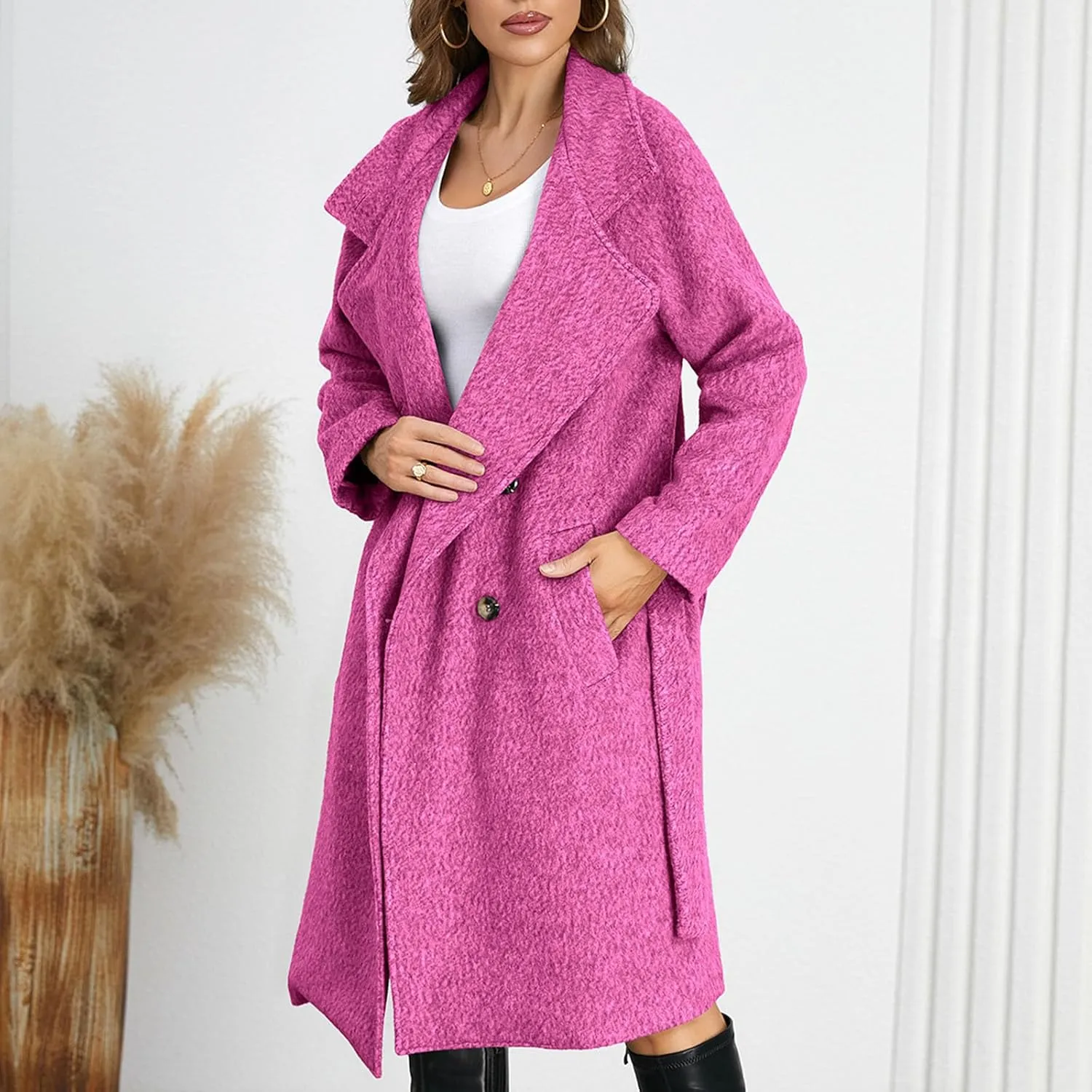 Winter Coats for Women Notched Lapel Collar Double Breasted Pea Coat Winter Wool Blend Long Trench Coat Warm Peacoat