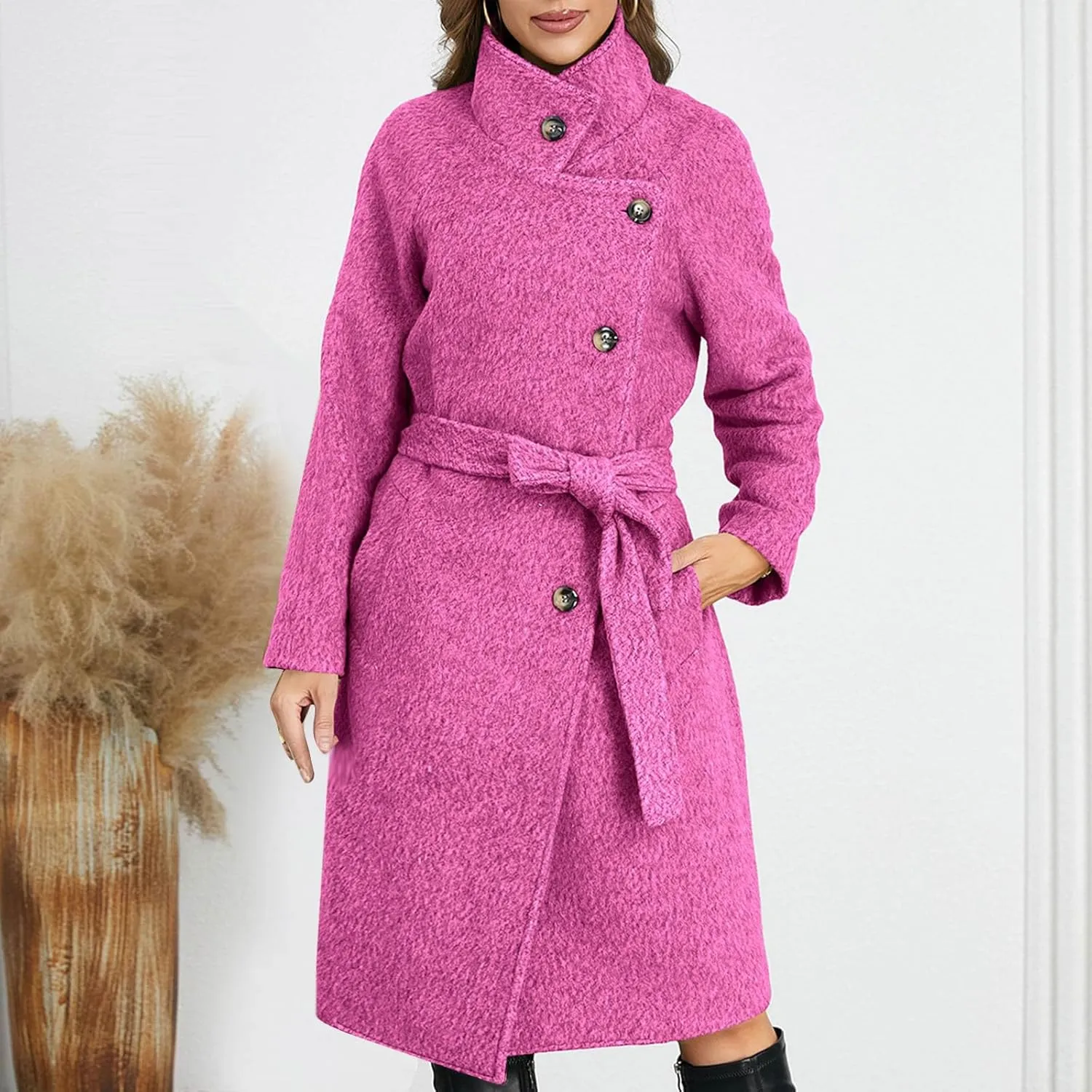 Winter Coats for Women Notched Lapel Collar Double Breasted Pea Coat Winter Wool Blend Long Trench Coat Warm Peacoat