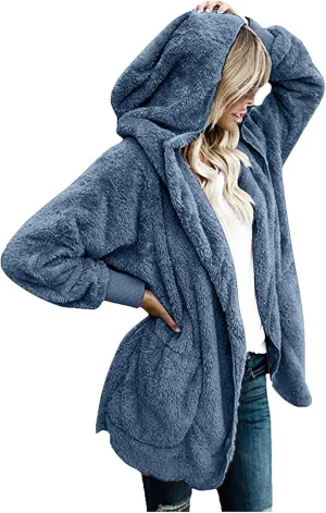 Winter Coats for Women Oversized Sherpa Fleece Jacket Open Front Hooded Warm Sherpa Lined Jacket Outerwear