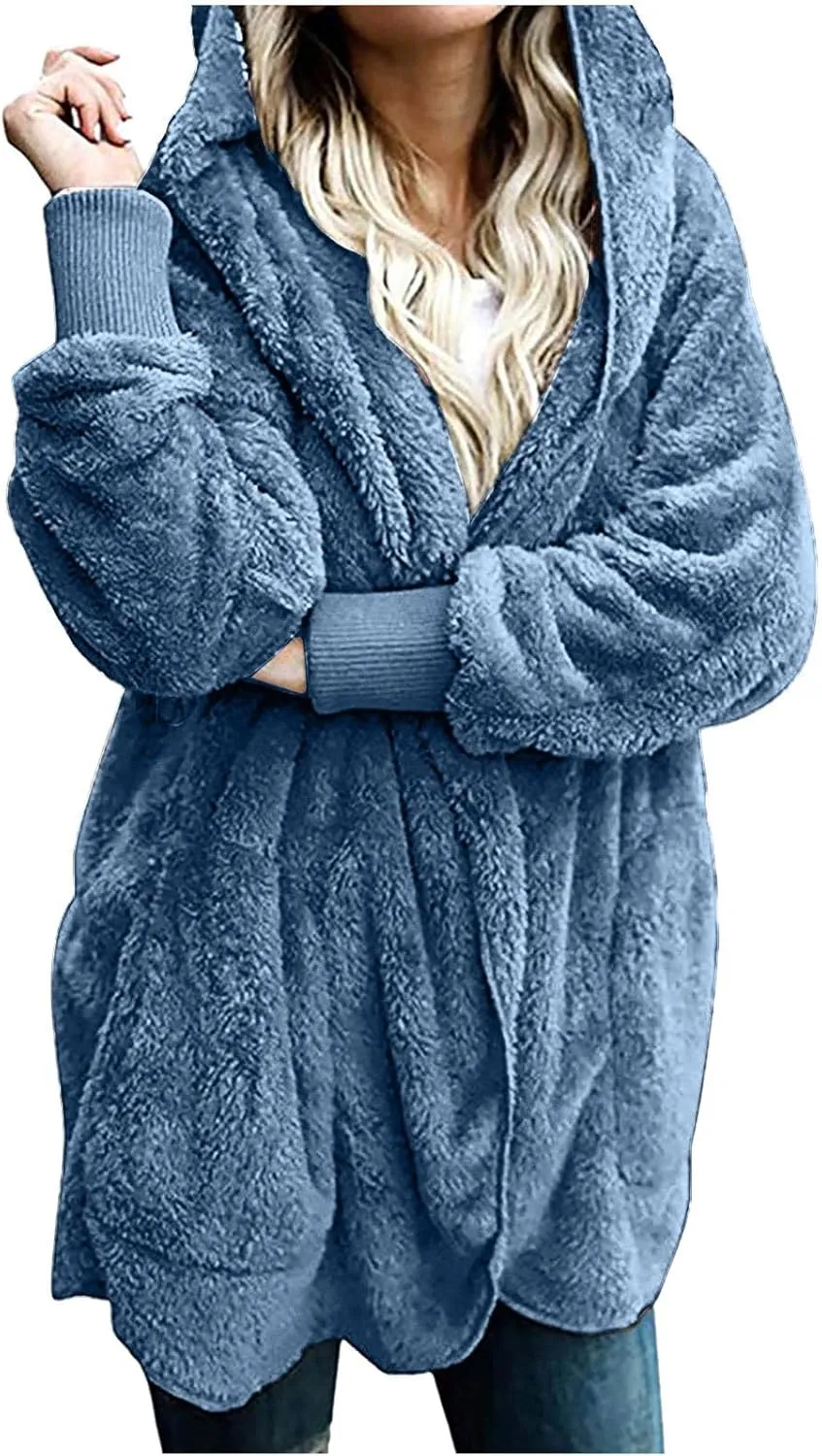 Winter Coats for Women Oversized Sherpa Fleece Jacket Open Front Hooded Warm Sherpa Lined Jacket Outerwear