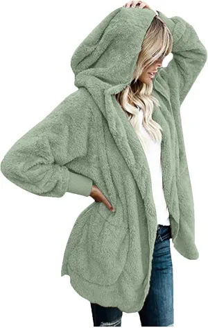 Winter Coats for Women Oversized Sherpa Fleece Jacket Open Front Hooded Warm Sherpa Lined Jacket Outerwear