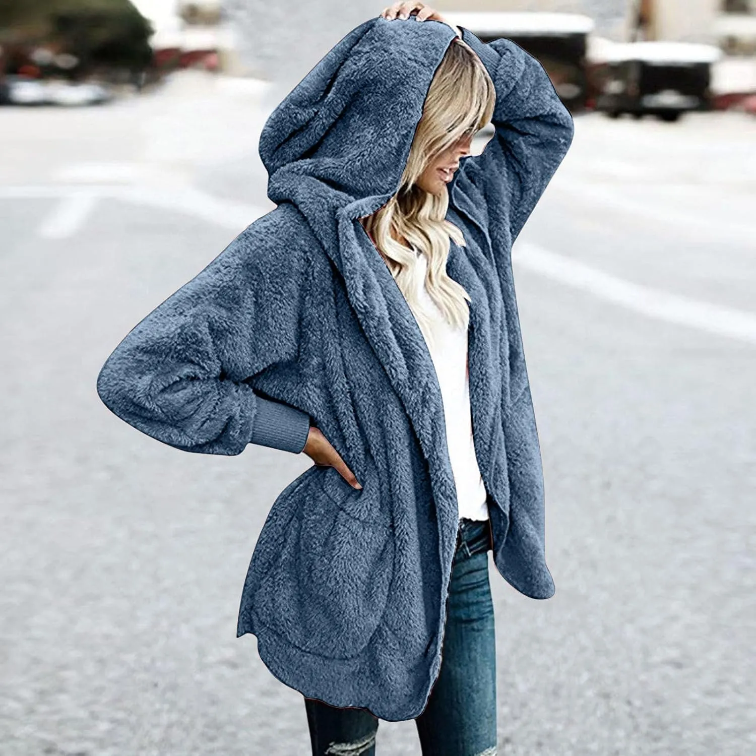 Winter Coats for Women Oversized Sherpa Fleece Jacket Open Front Hooded Warm Sherpa Lined Jacket Outerwear