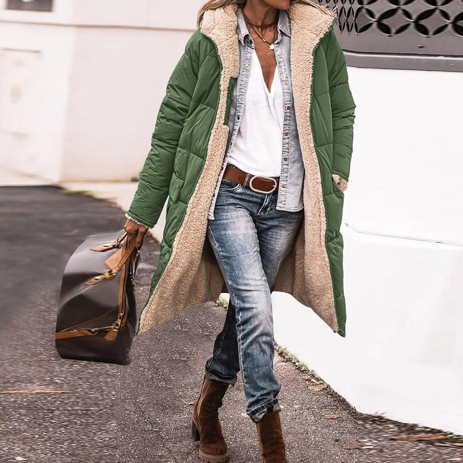 Winter Coats for Women Warm Faux Fur Lined Thicken Jacket Quilted Long Puffer Coat Hood Down Outerwear with Pockets