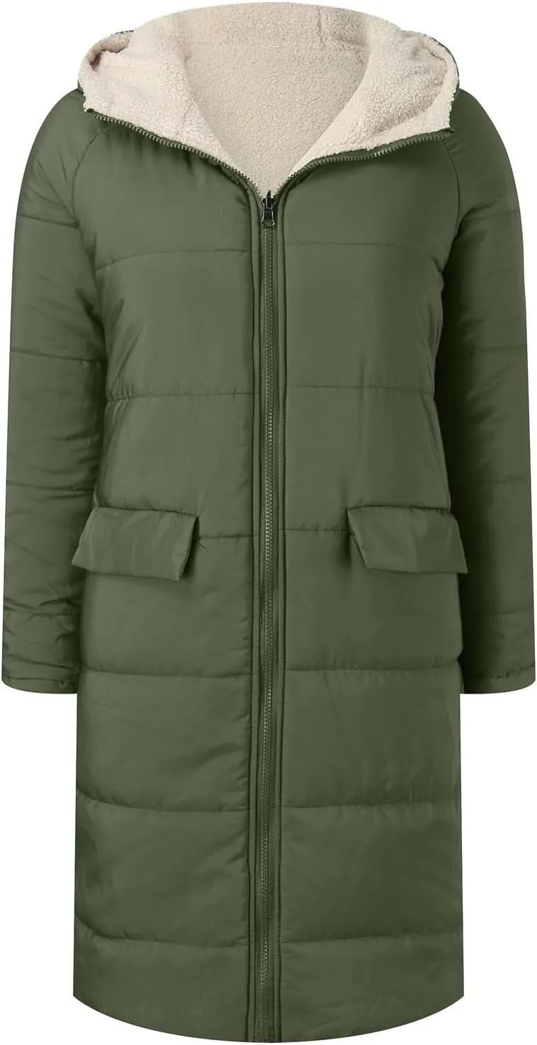 Winter Coats for Women Warm Faux Fur Lined Thicken Jacket Quilted Long Puffer Coat Hood Down Outerwear with Pockets