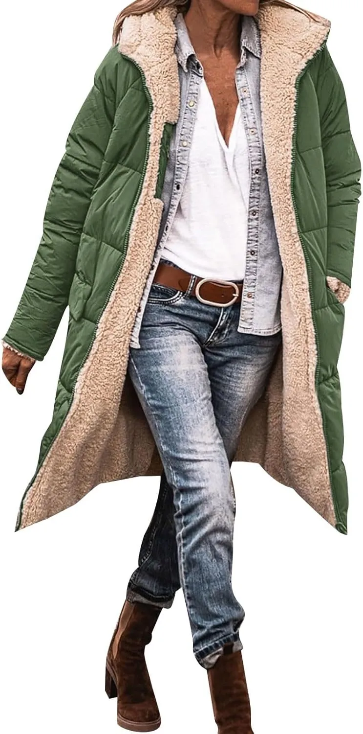 Winter Coats for Women Warm Faux Fur Lined Thicken Jacket Quilted Long Puffer Coat Hood Down Outerwear with Pockets