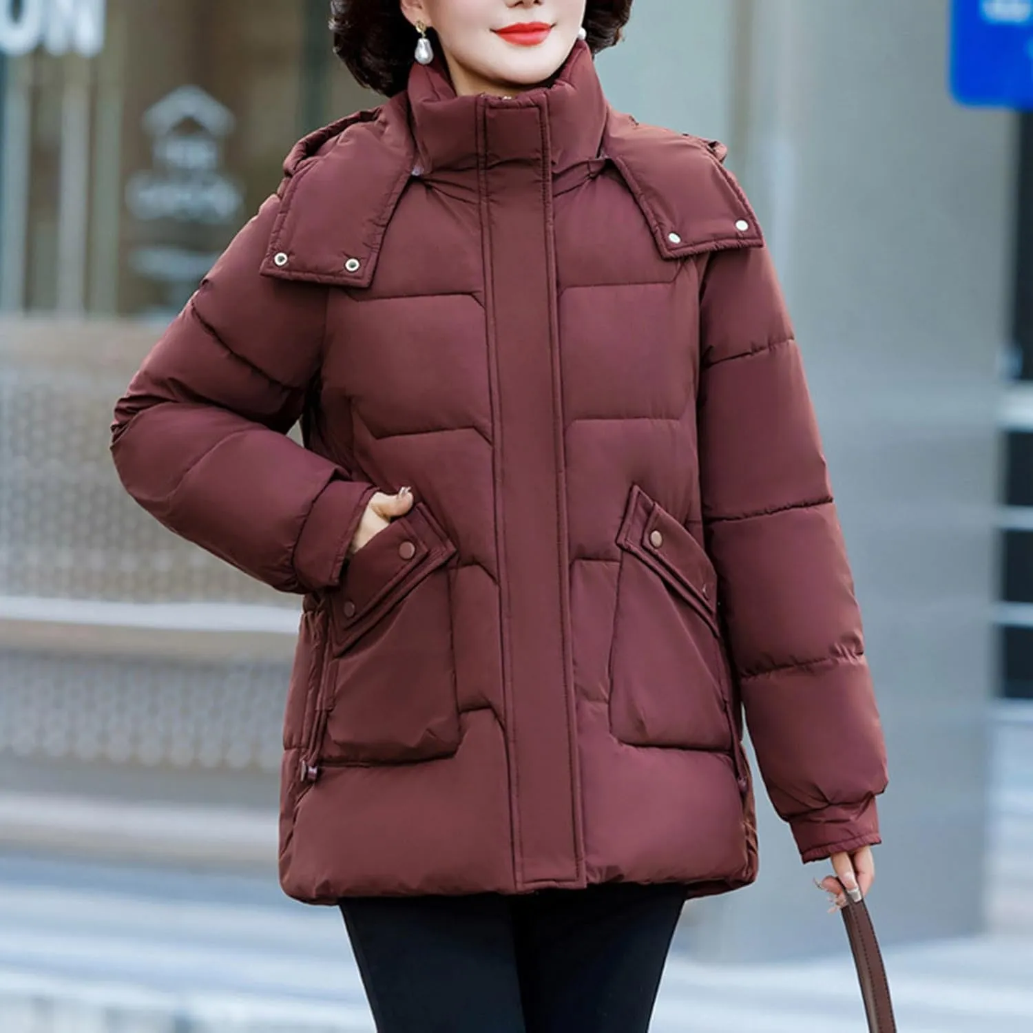 Winter Thermal Down Jackets for Women Heavyweight Thick Puffer Coats with Removable Hood Medium Length Zip Up Outfits