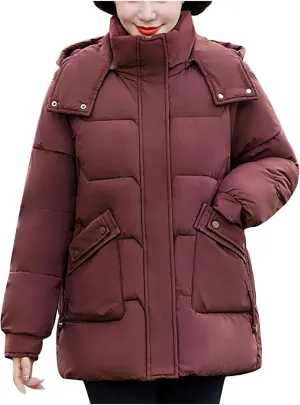 Winter Thermal Down Jackets for Women Heavyweight Thick Puffer Coats with Removable Hood Medium Length Zip Up Outfits
