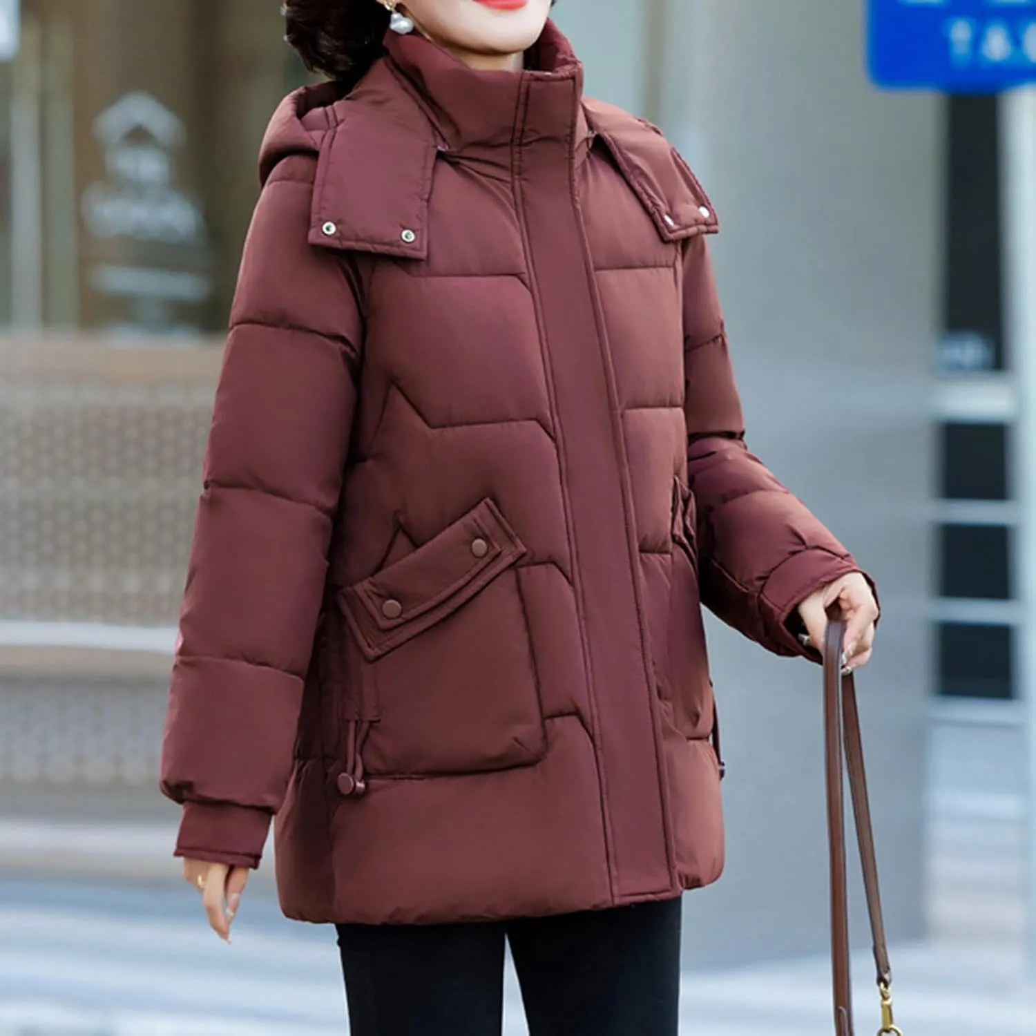 Winter Thermal Down Jackets for Women Heavyweight Thick Puffer Coats with Removable Hood Medium Length Zip Up Outfits