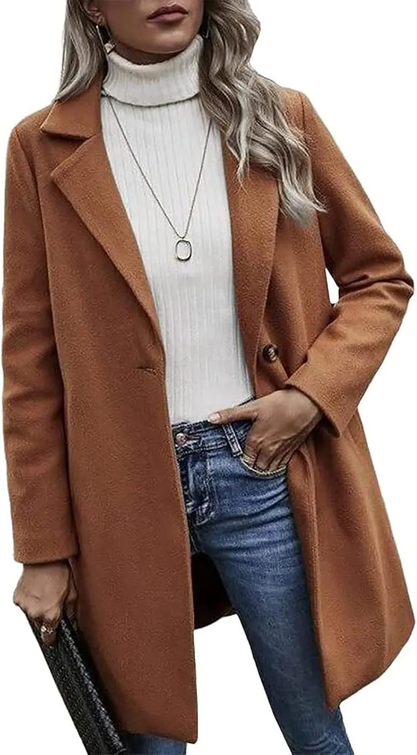 Winter Trench Coat for Women Singe Breasted Notched Lapel Collar Wool Coats Mid Long Oversized Over Coats Jackets