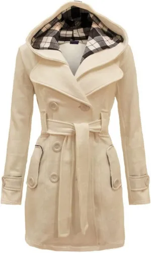 Winter Trench Coat Women Lapel Double Breasted Wool Blend Pea Coats Fashion Plaid Hooded Long Jacket with Belted