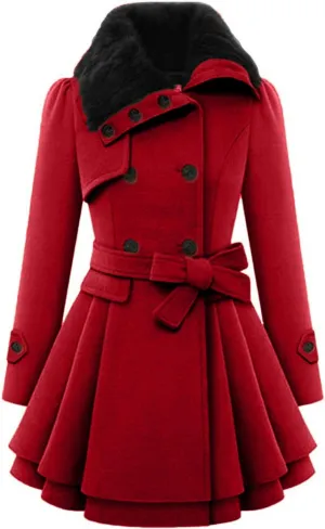 Winter Trench Coat Women Lapel Double Breasted Wool Blend Pea Coats Fashion Plaid Hooded Long Jacket with Belted