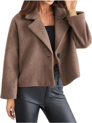Winter Women Wool Crop Jacket Dressy Long Sleeve Lapel Button Blend Jacket Fall Winter Solid Color Short Pea Coat