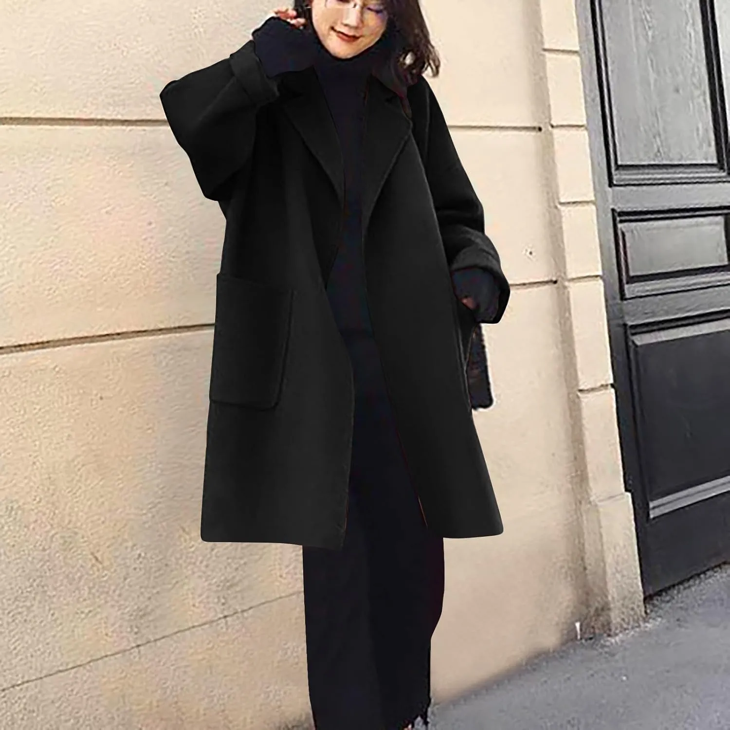 Winter Wool Coat for Women Notch Lapel Collar Open Front Pea Coat Loose Warm Mid-Long Trench Coats Overcoat