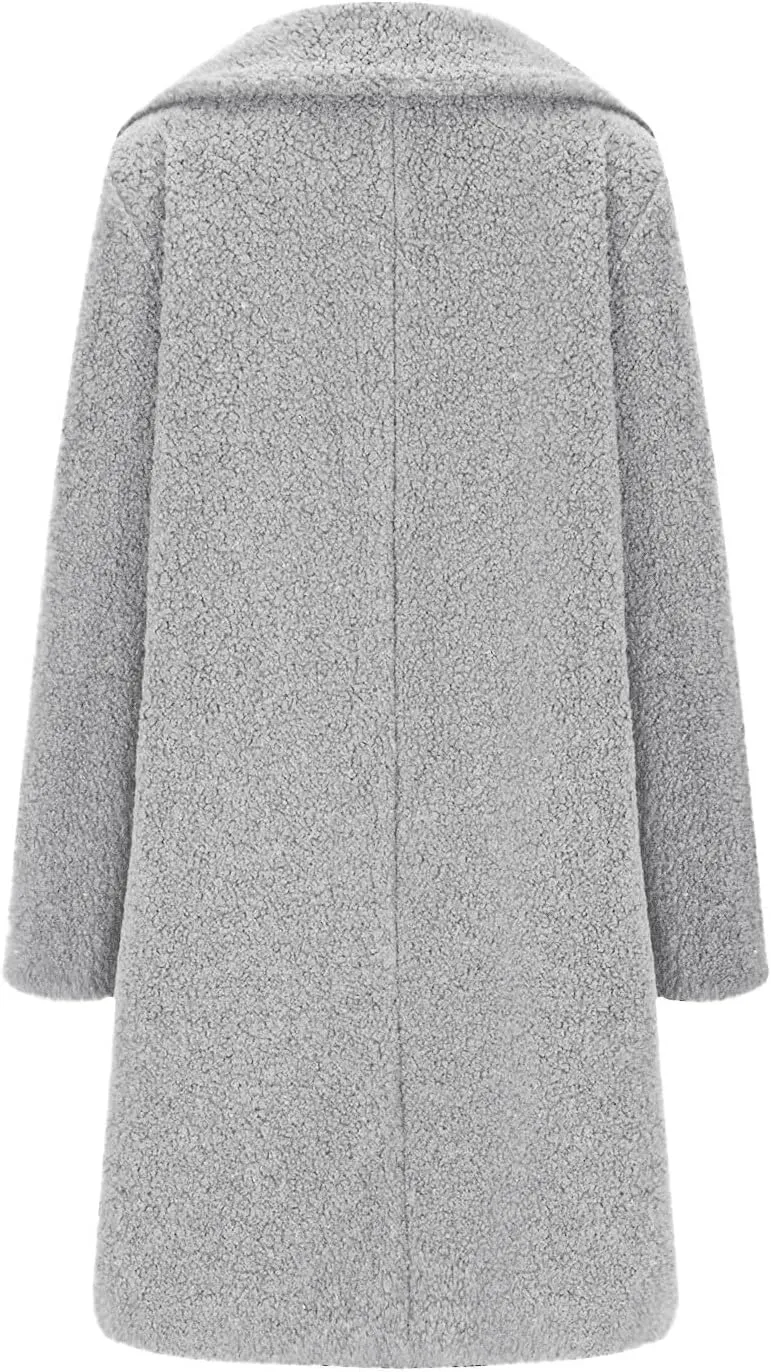 Winter Wool Coats for Women Casual Notch Lapel Open Front Trench Coat Lining Fuzzy Sherpa Fleece Jacket With Pockets