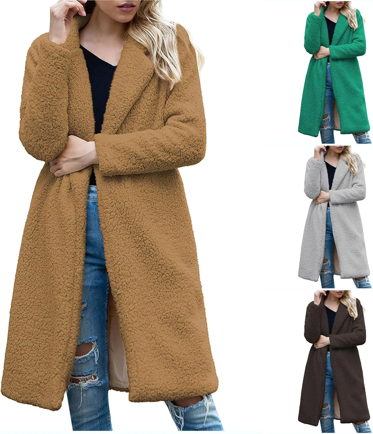 Winter Wool Coats for Women Casual Notch Lapel Open Front Trench Coat Lining Fuzzy Sherpa Fleece Jacket With Pockets