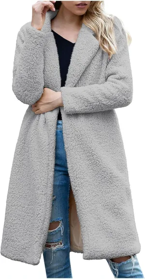 Winter Wool Coats for Women Casual Notch Lapel Open Front Trench Coat Lining Fuzzy Sherpa Fleece Jacket With Pockets