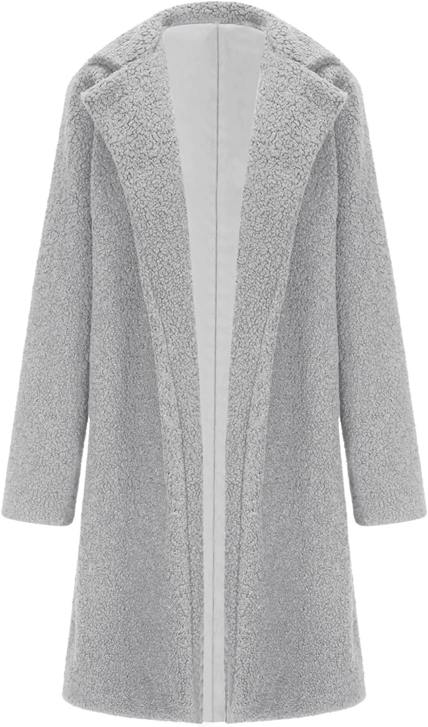 Winter Wool Coats for Women Casual Notch Lapel Open Front Trench Coat Lining Fuzzy Sherpa Fleece Jacket With Pockets