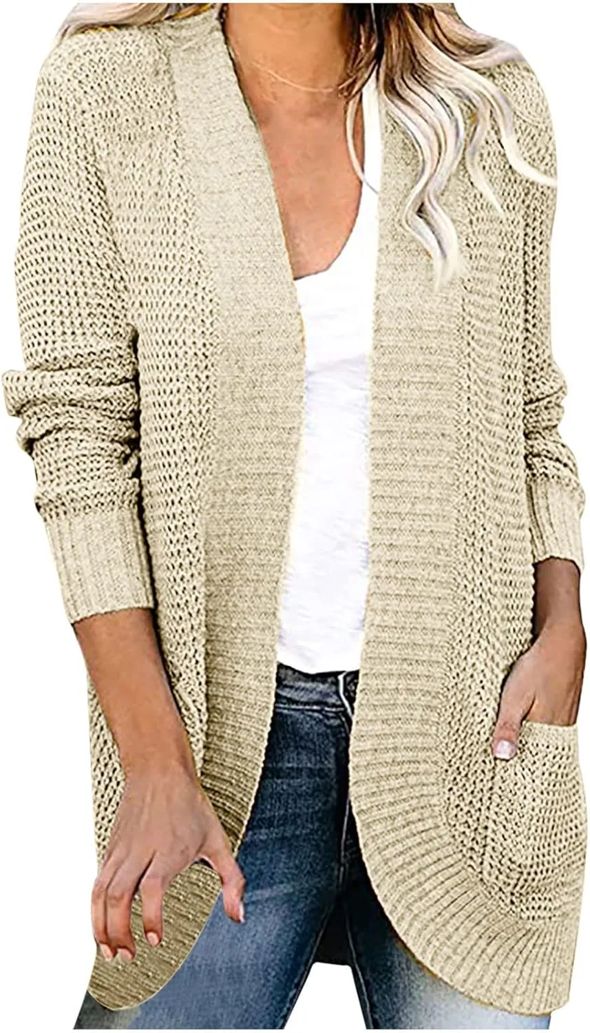 Wkishenl Womens Loose Open Front Cardigan Long Sleeve Chunky Coat Casual Lightweight Soft Knit Sweaters Outwear with Pockets