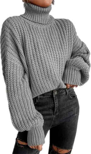 Women 2022 Fall Turtleneck Sweaters Casual Oversized Long Batwing Sleeve Cable Knit Pullover Sweaters Top