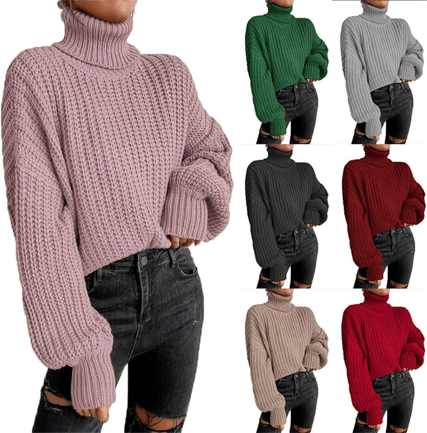 Women 2022 Fall Turtleneck Sweaters Casual Oversized Long Batwing Sleeve Cable Knit Pullover Sweaters Top