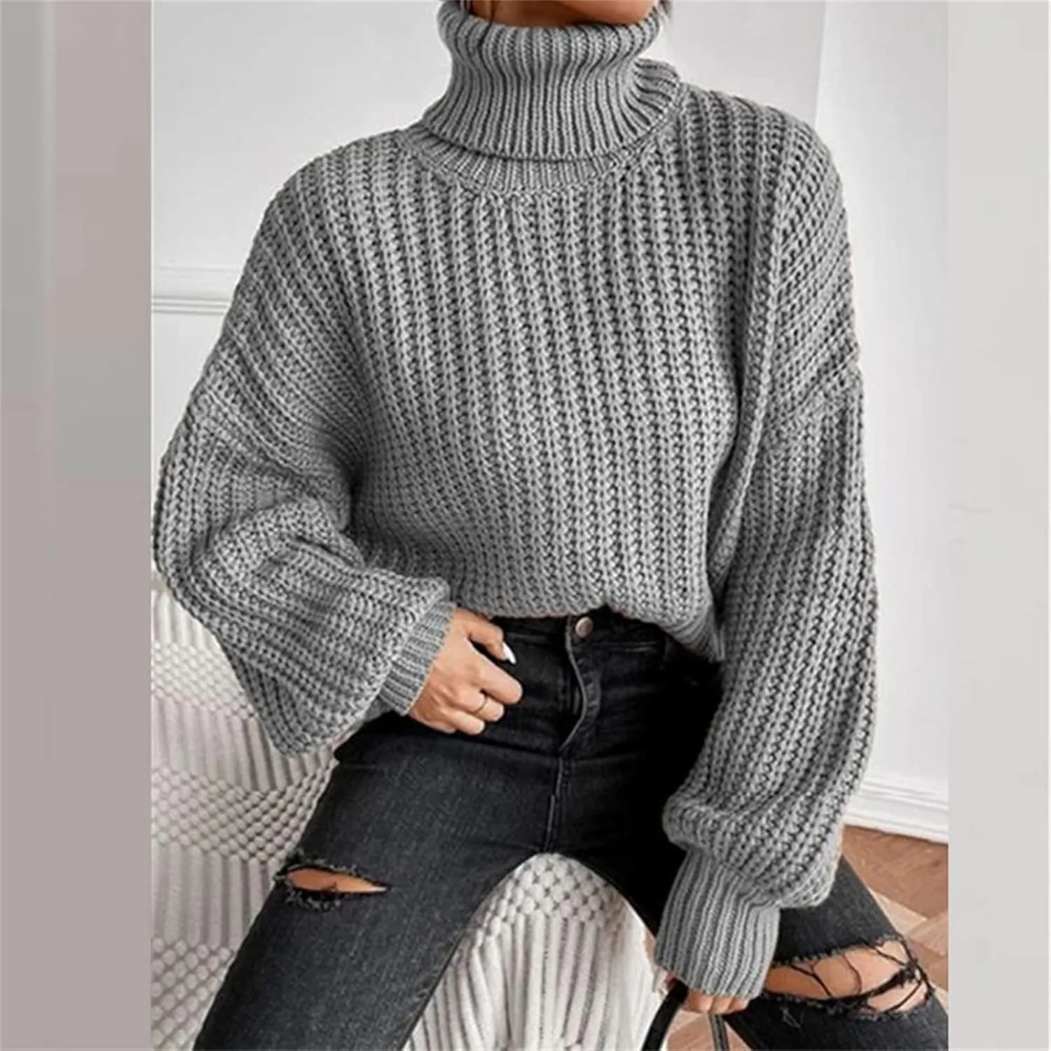 Women 2022 Fall Turtleneck Sweaters Casual Oversized Long Batwing Sleeve Cable Knit Pullover Sweaters Top