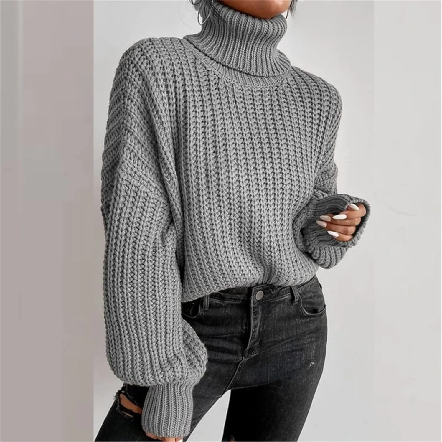 Women 2022 Fall Turtleneck Sweaters Casual Oversized Long Batwing Sleeve Cable Knit Pullover Sweaters Top