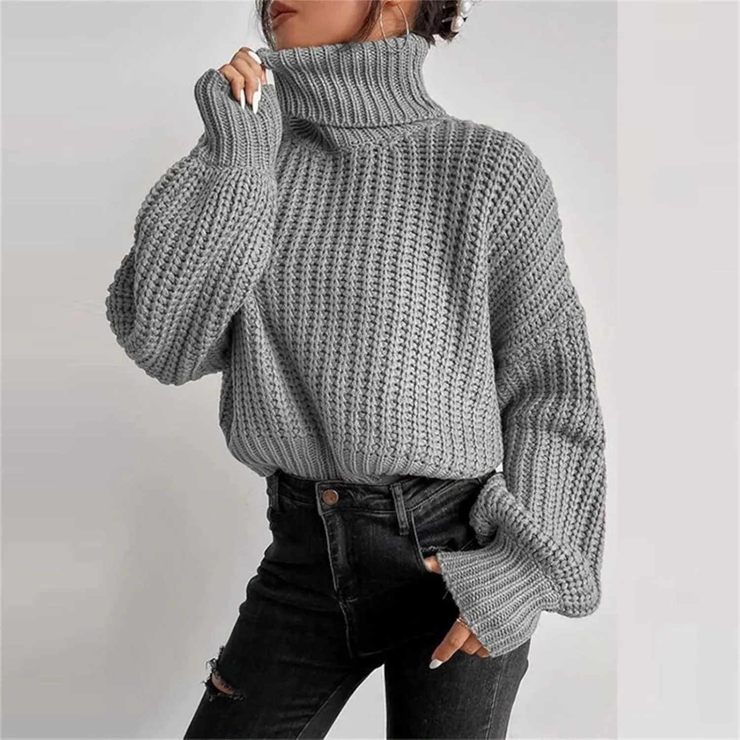 Women 2022 Fall Turtleneck Sweaters Casual Oversized Long Batwing Sleeve Cable Knit Pullover Sweaters Top