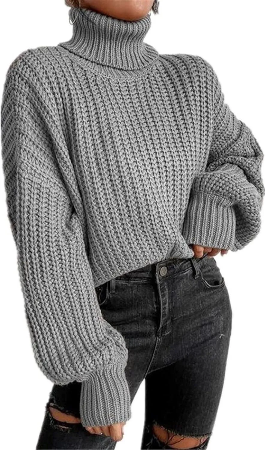 Women 2022 Fall Turtleneck Sweaters Casual Oversized Long Batwing Sleeve Cable Knit Pullover Sweaters Top