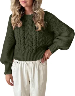 Women Cable Knit Sweaters Crewneck Long Sleeve Chunky Knit Sweater Clean Girl Aesthetic Oversized Pullover Jumper Tops