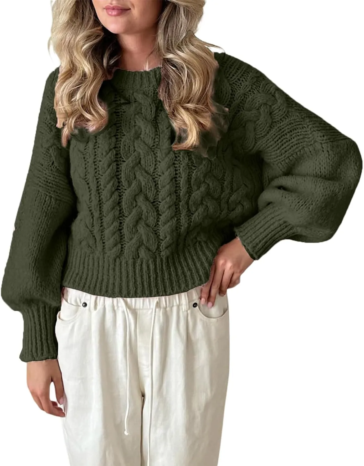 Women Cable Knit Sweaters Crewneck Long Sleeve Chunky Knit Sweater Clean Girl Aesthetic Oversized Pullover Jumper Tops