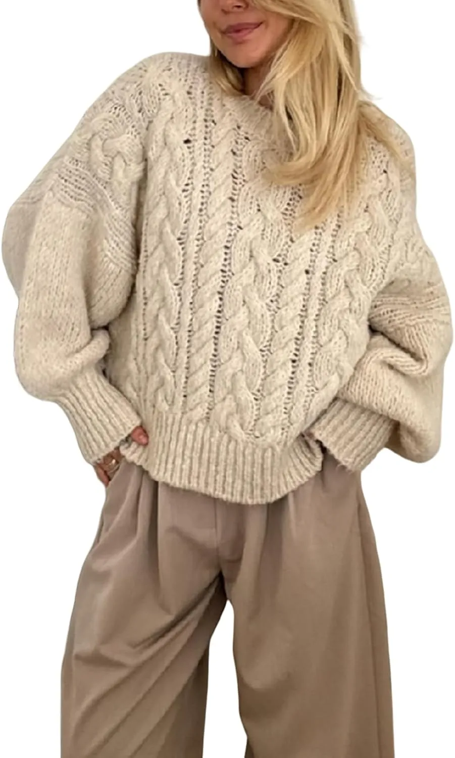 Women Cable Knit Sweaters Crewneck Long Sleeve Chunky Knit Sweater Clean Girl Aesthetic Oversized Pullover Jumper Tops