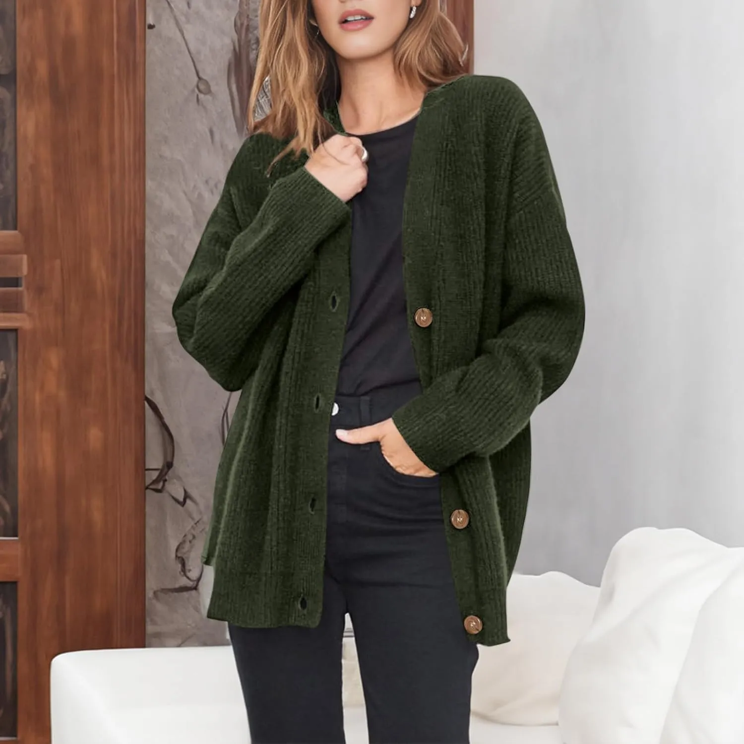 Women Cashmere Cocoon Cardigan Open Front Oversized Button Down Chunky Cardigan V Neck Cardigans Sweaters Knit Coat