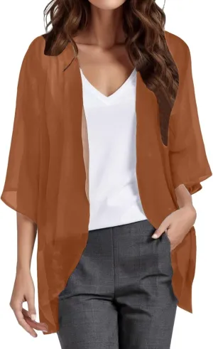 Women Chiffon Kimono Cardigan,Dressy 3/4 Sleeve Chiffon Open Front Lightweight Summer Blouse Tops,Sheer Beach Cover Up