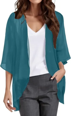 Women Chiffon Kimono Cardigan,Dressy 3/4 Sleeve Chiffon Open Front Lightweight Summer Blouse Tops,Sheer Beach Cover Up