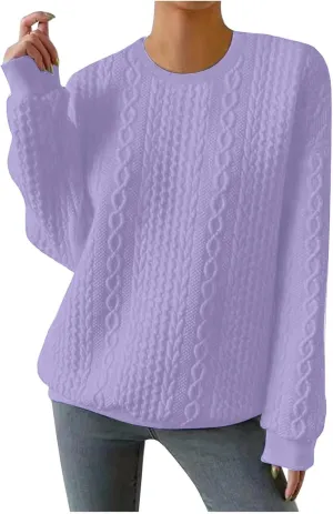 Women Crew Neck Cable Knitted Sweaters Stretchable Elasticity Comfy Cozy Loose Long Sleeve Sweater Jumper Pullover