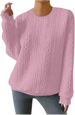 Women Crew Neck Cable Knitted Sweaters Stretchable Elasticity Comfy Cozy Loose Long Sleeve Sweater Jumper Pullover