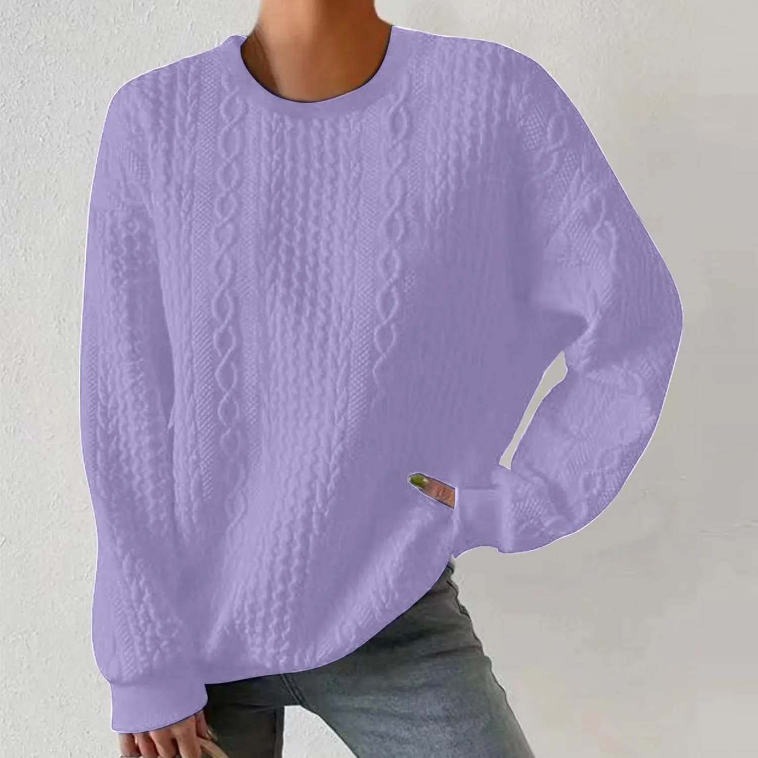 Women Crew Neck Cable Knitted Sweaters Stretchable Elasticity Comfy Cozy Loose Long Sleeve Sweater Jumper Pullover