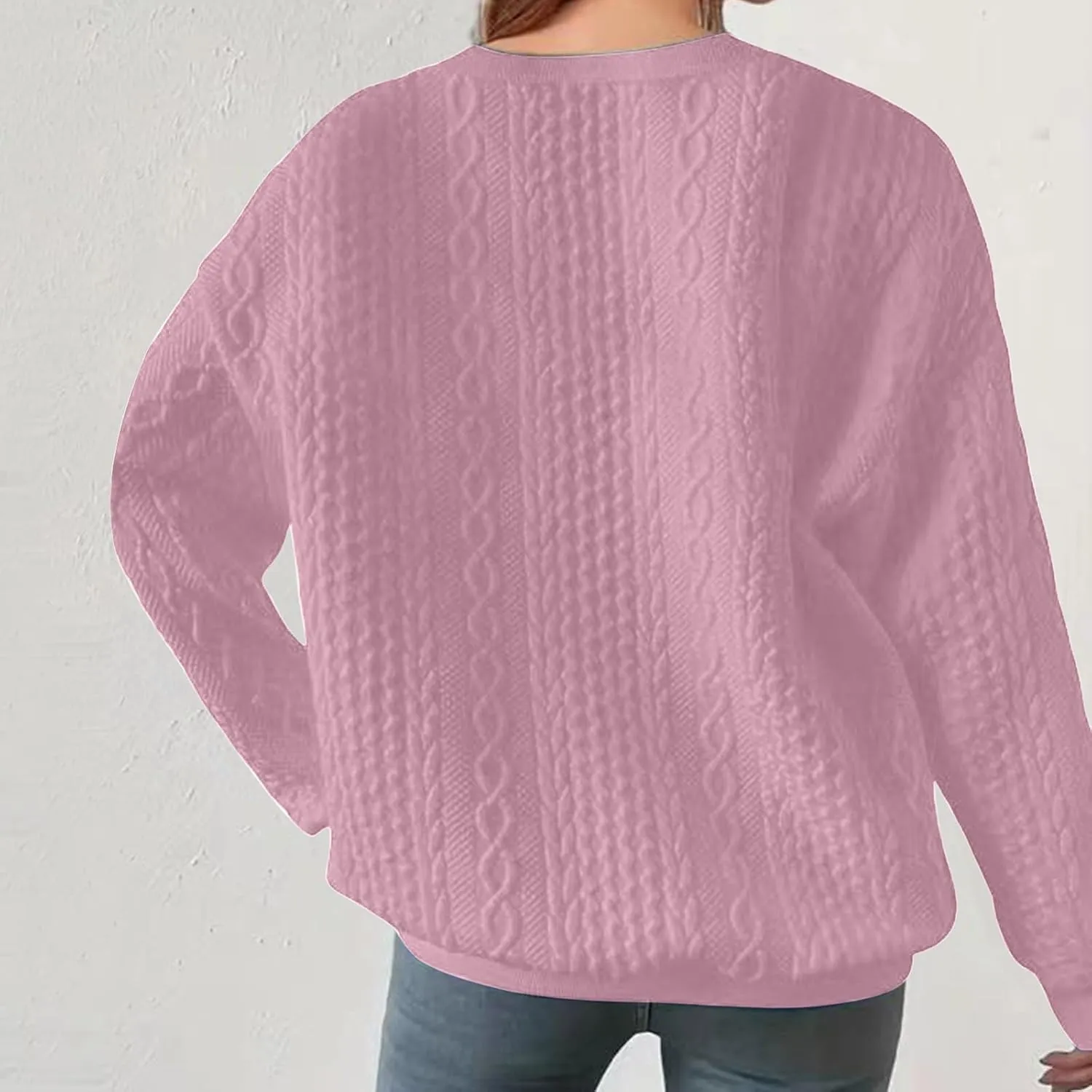 Women Crew Neck Cable Knitted Sweaters Stretchable Elasticity Comfy Cozy Loose Long Sleeve Sweater Jumper Pullover