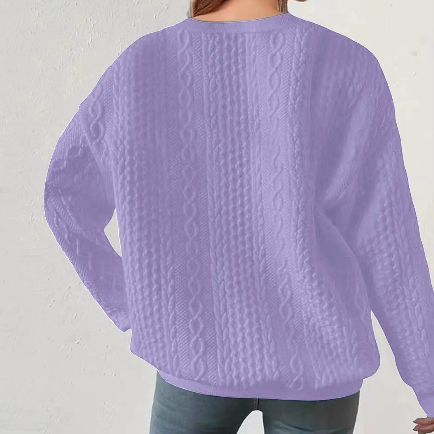 Women Crew Neck Cable Knitted Sweaters Stretchable Elasticity Comfy Cozy Loose Long Sleeve Sweater Jumper Pullover