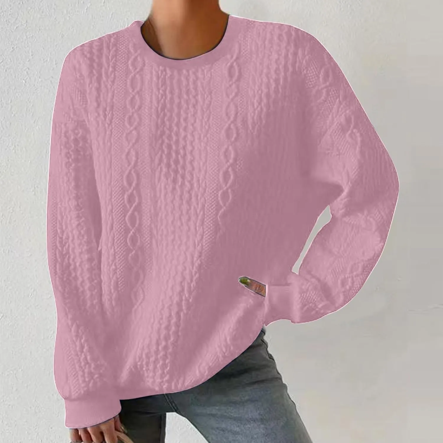 Women Crew Neck Cable Knitted Sweaters Stretchable Elasticity Comfy Cozy Loose Long Sleeve Sweater Jumper Pullover