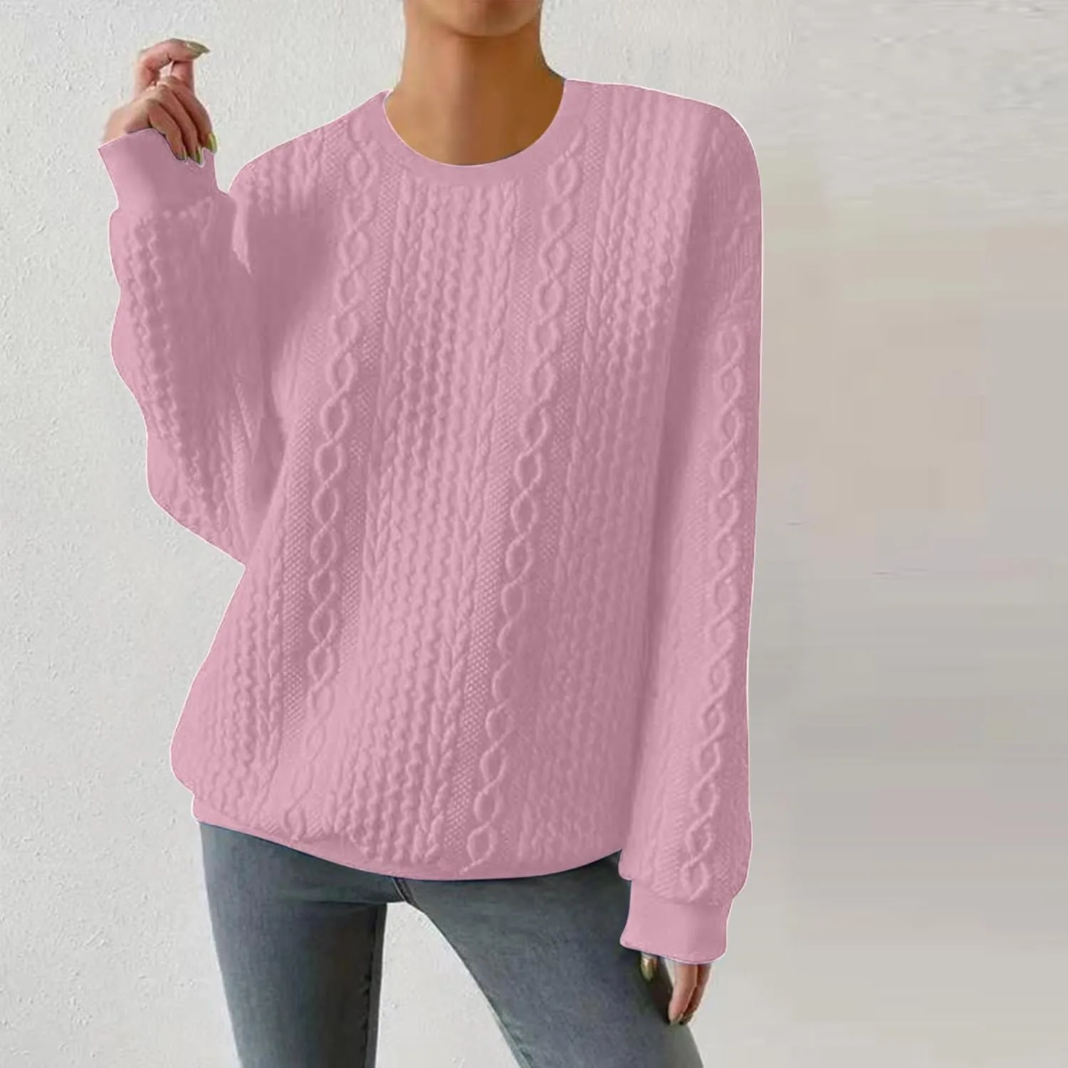 Women Crew Neck Cable Knitted Sweaters Stretchable Elasticity Comfy Cozy Loose Long Sleeve Sweater Jumper Pullover