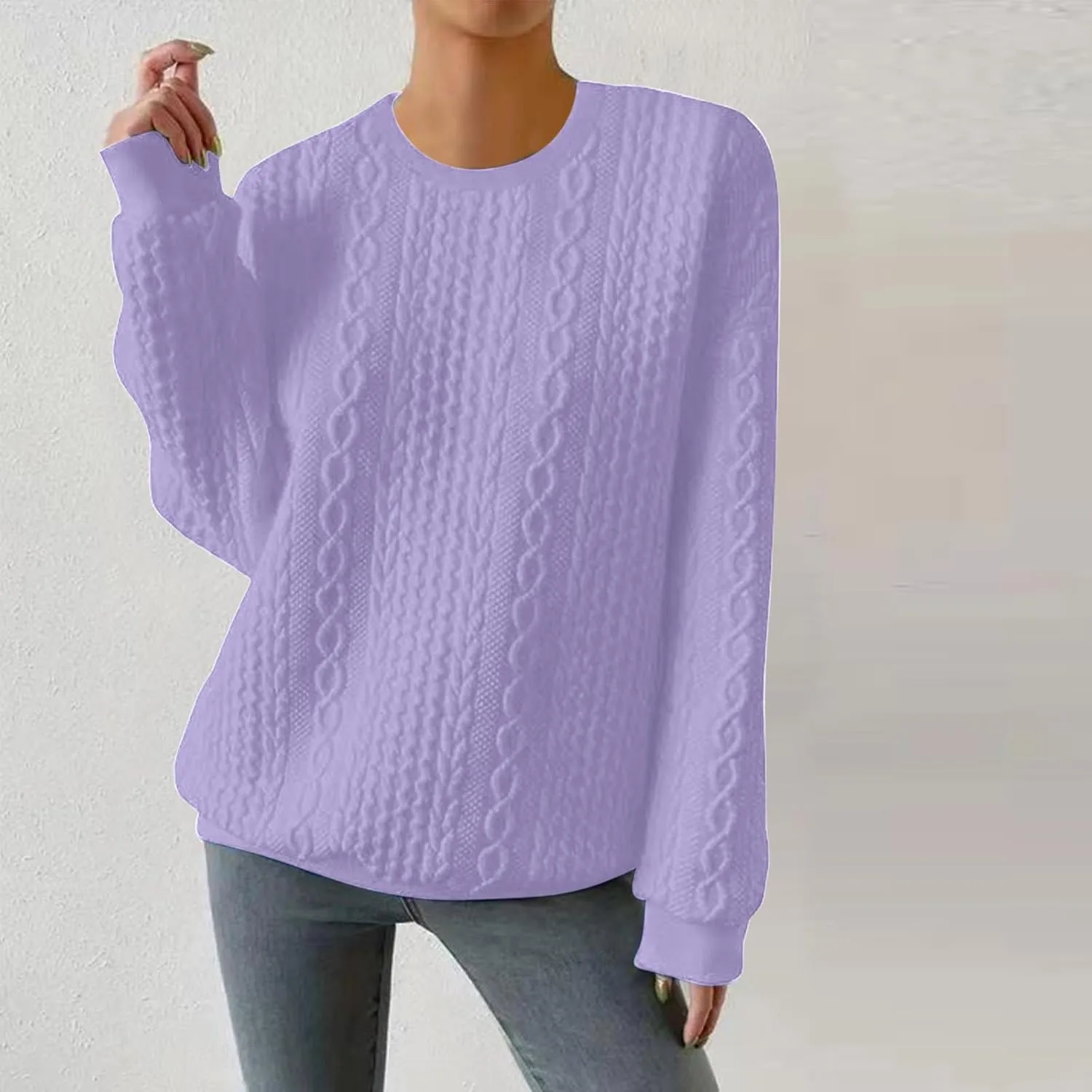 Women Crew Neck Cable Knitted Sweaters Stretchable Elasticity Comfy Cozy Loose Long Sleeve Sweater Jumper Pullover