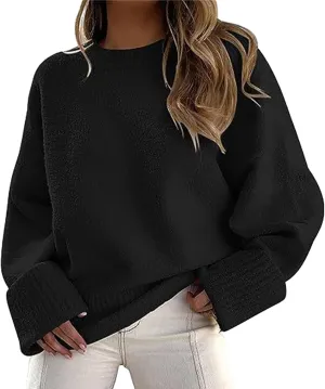 Women Crewneck Oversized Sweaters Long Sleeve Fuzzy Knit Chunky Pullover Sweater Tops Solid Winter Warm Casual Jumpers
