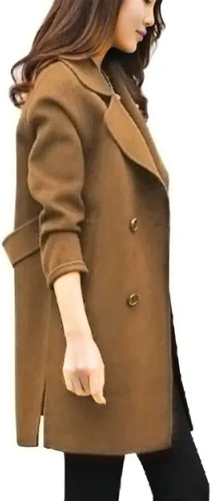 Women Elegant Notched Collar Double Breasted Wool Blend Over Coat Long Sleeve Warm Winter Mid Long Jacket 2024