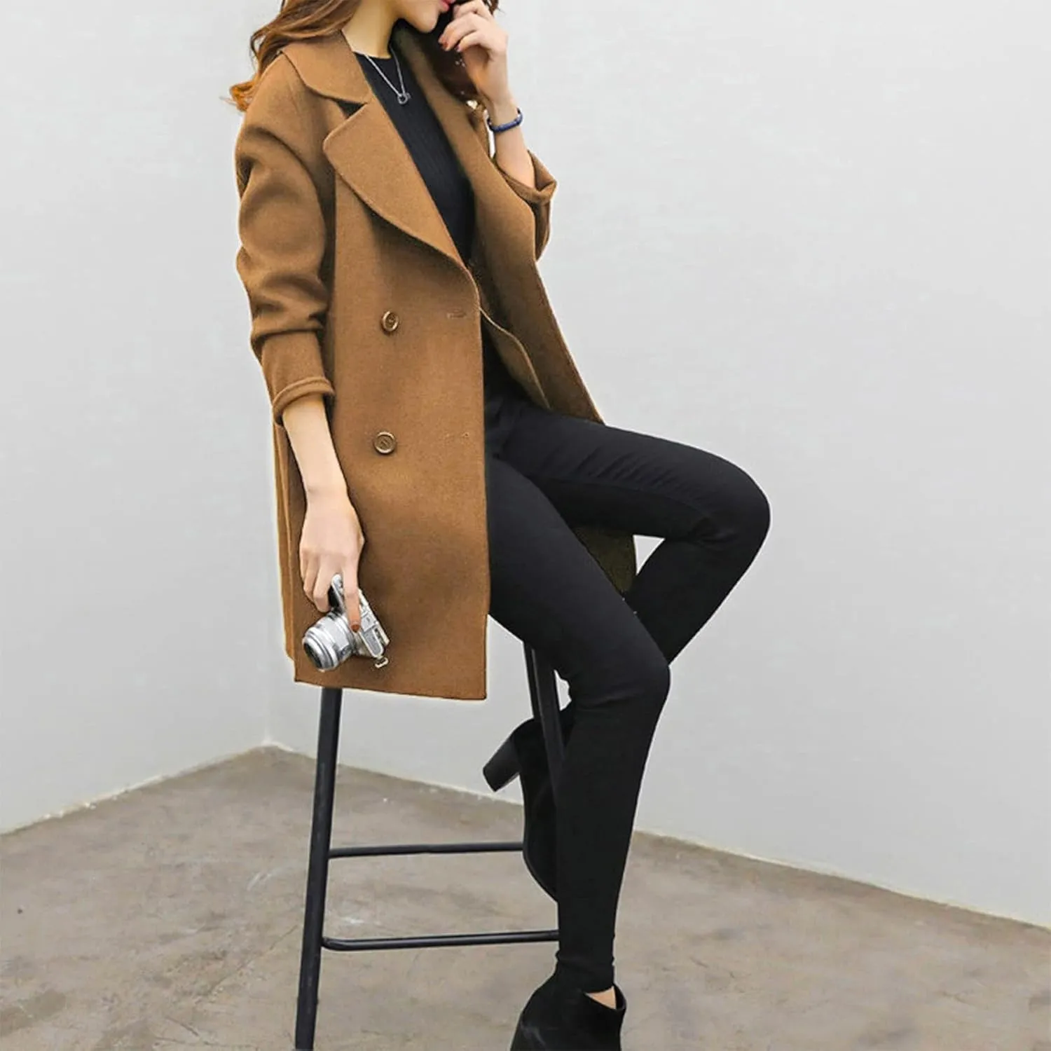 Women Elegant Notched Collar Double Breasted Wool Blend Over Coat Long Sleeve Warm Winter Mid Long Jacket 2024