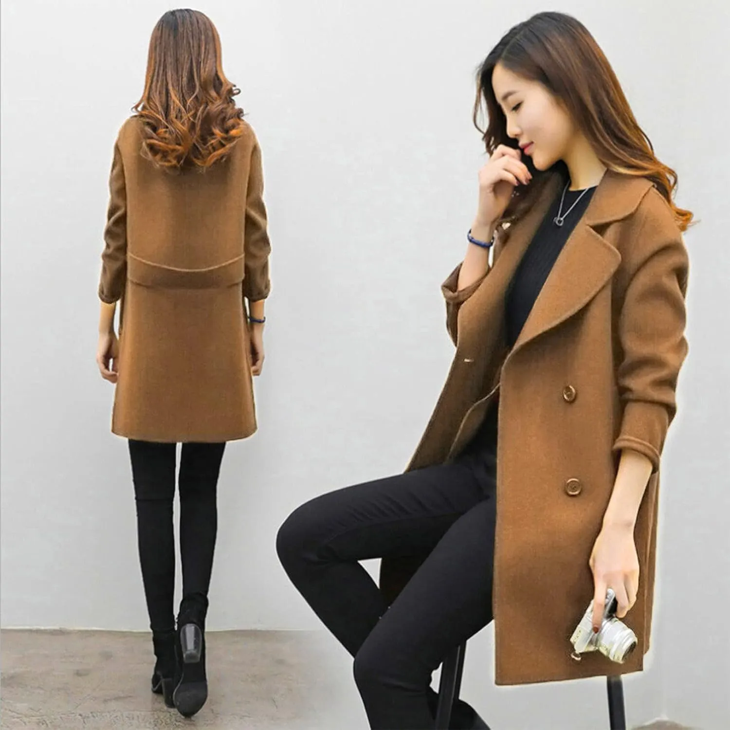 Women Elegant Notched Collar Double Breasted Wool Blend Over Coat Long Sleeve Warm Winter Mid Long Jacket 2024